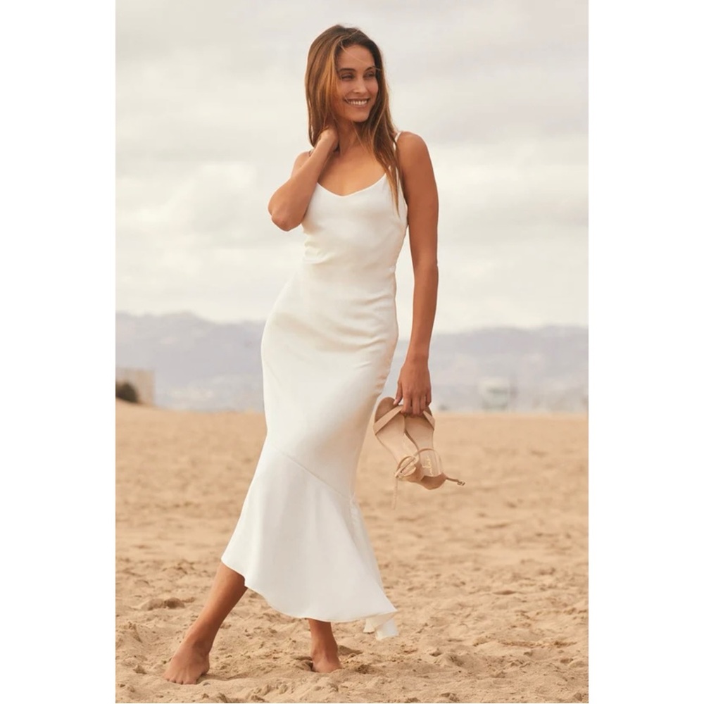 Strictly Romance White Satin Asymmetrical Tiered Midi Dress